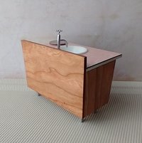 1:12 Dollhouse mid-century styled bath single sink vanity cabinet Angled cabinet undermount sink with backsplash and sliding doors