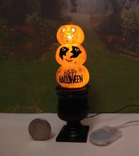 1:12 Dollhouse miniature stacked Halloween pumpkins in black planter Battery operated Halloween light with external wires