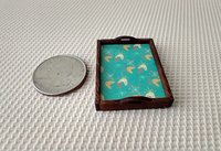 1:12 scale mid-century modern serving tray in solid walnut Retro style boomerang print on tray