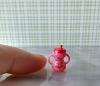 Dollhouse miniature holiday-themed sippy cup with easy grip handles REF Pink body, acorn, snowflake pattern