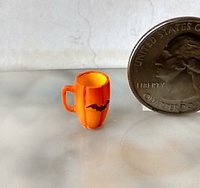 1:12 Dollhouse miniature pumpkin mug with surface ridges and bat decals REF Bats