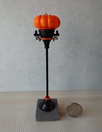 1:12 scale dollhouse battery lighted pumpkin street lamp with brass post on faux concrete block Halloween decorative floor lamp No external wires REF Flat pumpkin