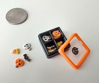 1:12 scale miniature gift boxed Halloween cookies 16 assorted pumpkins skulls candy corn and bats in box with dividers and clear window REF Black base