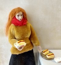 1:12 Dollhouse handcrafted hotdog and bun with mustard in paper plate marked "hotdog" so your mini friend knows what s/he will be eating Price is for ONE unit