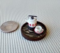 1:12 Dollhouse faux obsidian marble tray with solid walnut rim Kitchen round tray Serving tray REF Stripes