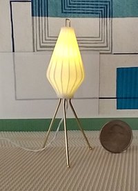 1:12 scale dollhouse mid-century modern tripod floor lamp Inspired by the 60s cocoon floor lamp Battery operated MCM lamp with external wires