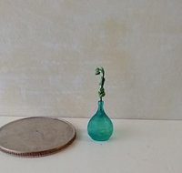 1:12 miniature tear drop shaped flower vase in transparent blue comes with green plant