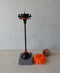 1:12 scale dollhouse battery lighted pumpkin street lamp with brass post on faux concrete block Halloween decorative floor lamp No external wires REF Flat pumpkin