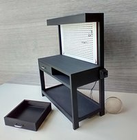 1:12 dollhouse black work bench with pegboard AND built-in battery operated light and two working drawers