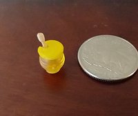 1:12 Dollhouse clear beehive honey jar with immersed wooden dipper and removable yellow lid REF Yellow lid