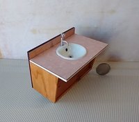 RESERVED 1:12 Dollhouse mid-century styled bath single sink vanity cabinet Angled cabinet undermount sink with backsplash and sliding doors