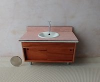 1:12 Dollhouse mid-century styled bath single sink vanity cabinet Angled cabinet undermount sink with backsplash and sliding doors