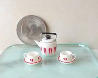1:12 Dollhouse white teapot and cups set Mid-century modern themed tea set of the 70s MCM teapot set