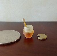 1:12 Dollhouse clear beehive honey jar with immersed wooden dipper and removable golden lid REF Golden lid