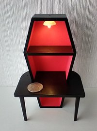 1:12 Dollhouse battery lighted coffin showcase with 3 LEDs and a built-in table