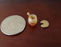 1:12 Dollhouse clear beehive honey jar with immersed wooden dipper and removable golden lid REF Golden lid