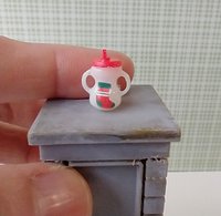 1:12 Dollhouse miniature holiday-themed sippy cup with easy grip handles REF Red lid, snowman + stocking Price is for EACH