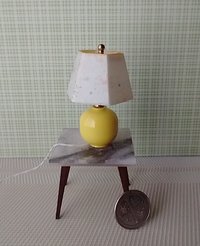 1:12 dollhouse mid-century themed table lamp with hexagonal shade Battery operated dollhouse table lamp on external wires REF Yellow vase