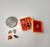 1:12 scale miniature gift boxed Halloween cookies 16 assorted pumpkins skulls candy corn and bats in box with dividers and clear window REF Orange base