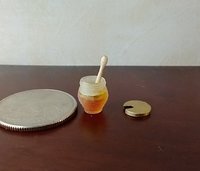 1:12 Dollhouse clear beehive honey jar with immersed wooden dipper and removable golden lid REF Golden lid