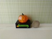 Battery lighted miniature faux glass Jack-o-Lantern Pumpkin light on black stand Halloween light for 1-inch scale or play scale