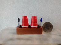 Play scale 1:6 or Barbie dollhouse party plastic cup and markers holder in copper finish with two faux pens and four cups REF Copper