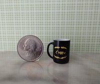 Play scale 1:6 or Barbie dollhouse black coffee mug with vinyl decals for 12-inch dolls REF Yellow texts