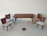 1:12 Dollhouse dining table and four chairs set in solid walnut Mid-century styled dining set