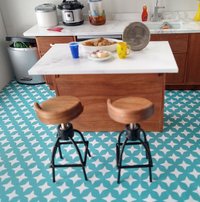 1:12 scale set of two barstools with low back cherry seat and brass legs Industrial style with adjustable seat height