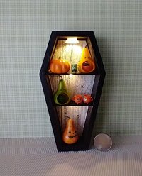 1:12 scale dollhouse miniature Halloween book shelf Black coffin display case Battery lighted Halloween display unit to showcase your mini Halloween treasures