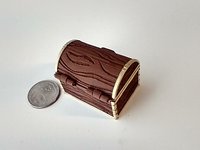 1:12 scale miniature battery lighted treasure chest in chocolate color wood grain texture lights up when lid is open