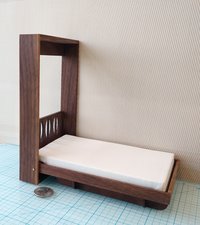 1:12 Dollhouse miniature Murphy bed in solid walnut with mid-century styled headboard Full/double fold-down bed Wall bed with front shelving Accesssories NOT included