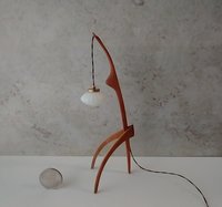 1:12 dollhouse miniature mid-century style floor lamp with sculptural tripod legs in solid cherry Rispal inspired Praying mantis lamp Battery operated LED lamp REF Cherry wood