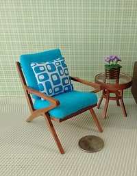 1:12 dollhouse MCM themed sofa cushion with white background and blue geometric shapes REF blue geo