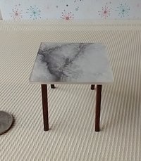 1:12 scale dollhouse mid-century style end table with faux marble top splayed legs in solid walnut MCM side table with square top