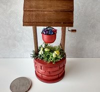 1:12 Dollhouse miniature battery operated lighted red brick wishing well planter with flowers