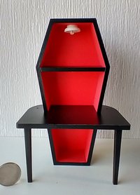 1:12 Dollhouse battery lighted coffin showcase with 3 LEDs and a built-in table