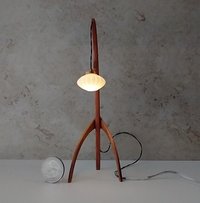 1:12 dollhouse miniature mid-century style floor lamp with sculptural tripod legs in solid cherry Rispal inspired Praying mantis lamp Battery operated LED lamp REF Cherry wood