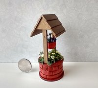 1:12 Dollhouse miniature battery operated lighted red brick wishing well planter with flowers