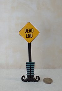 1:12 scale dollhouse Halloween decor Dead End sign on witchy boots