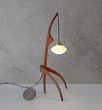 1:12 dollhouse miniature mid-century style floor lamp with sculptural tripod legs in solid cherry Rispal inspired Praying mantis lamp Battery operated LED lamp REF Cherry wood