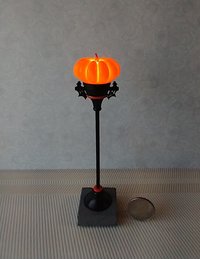 1:12 scale dollhouse battery lighted pumpkin street lamp with brass post on faux concrete block Halloween decorative floor lamp No external wires REF Flat pumpkin