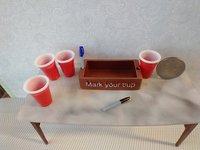 Play scale 1:6 or Barbie dollhouse party plastic cup and markers holder in copper finish with two faux pens and four cups REF Copper