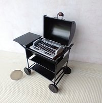 1:12 Dollhouse BBQ grill (metal) with battery operated charcoal glowing / flickering insert Upgraded grate and enlarged left shelf for grilled goodies
