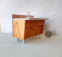 RESERVED 1:12 Dollhouse mid-century styled bath single sink vanity cabinet Angled cabinet undermount sink with backsplash and sliding doors