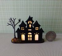 Miniature light up halloween haunted house with leafless tree Battery operated for 1-inch scale or play scale REF 3