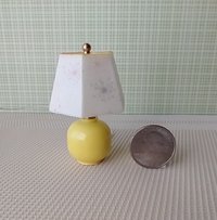 1:12 dollhouse mid-century themed table lamp with hexagonal shade Battery operated dollhouse table lamp on external wires REF Yellow vase