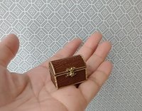 1:12 scale miniature treasure chest in chocolate color wood grain texture - an alternative to traditional pumpkin candy basket REF Small