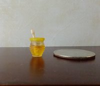 1:12 Dollhouse clear beehive honey jar with immersed wooden dipper and removable yellow lid REF Yellow lid