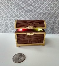 1:12 scale miniature battery lighted treasure chest in chocolate color wood grain texture lights up when lid is open